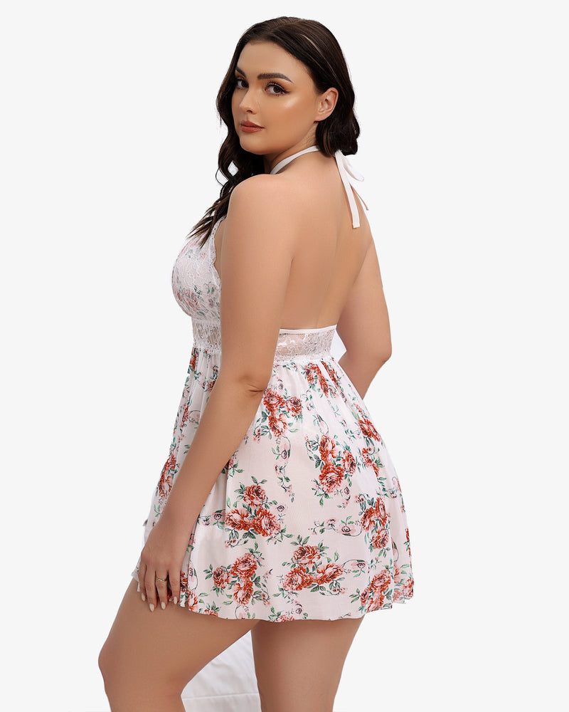 White floral lace halter babydoll with back tie straps and sheer skirt