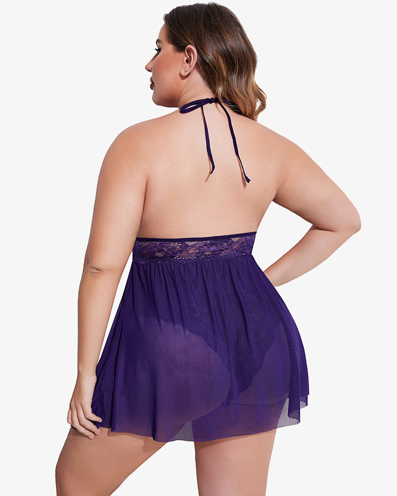 Purple lace babydoll with open back and sheer skirt