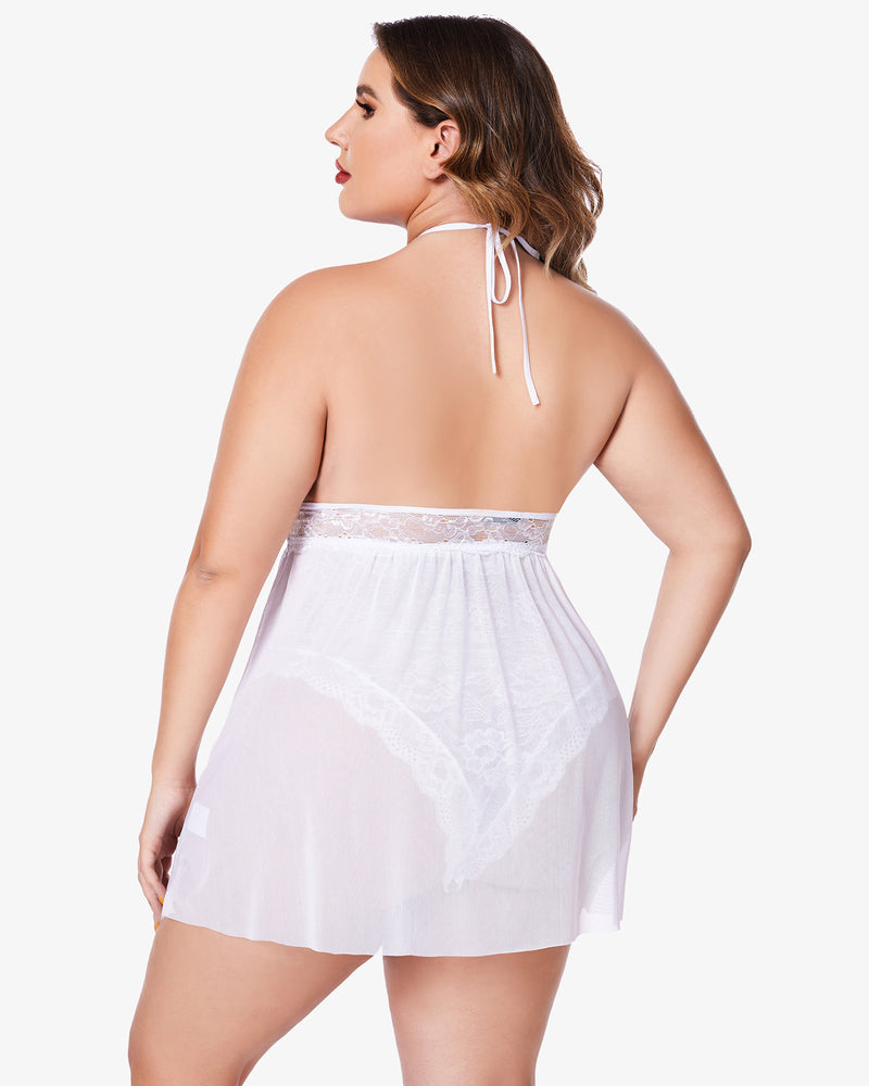 White lace halter babydoll with back tie straps and sheer skirt, snap crotch detail