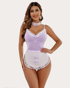 Light purple maid costume set with white lace teddy and white apron with purple bow details