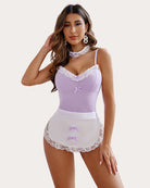 Light purple maid costume set with white lace teddy, white apron, and lace choker
