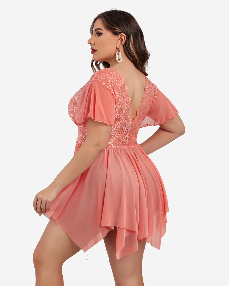 Coral pink lace babydoll lingerie with open back and flutter sleeves