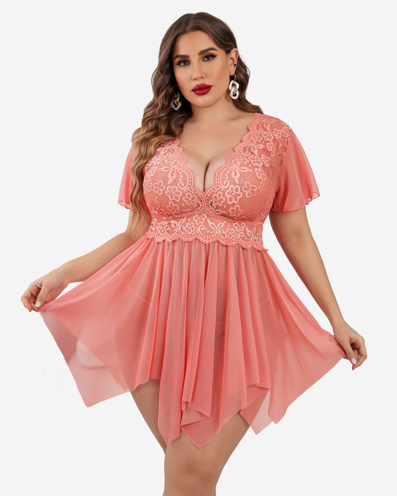 Rose pink lace babydoll lingerie with plunging neckline and flutter sleeves