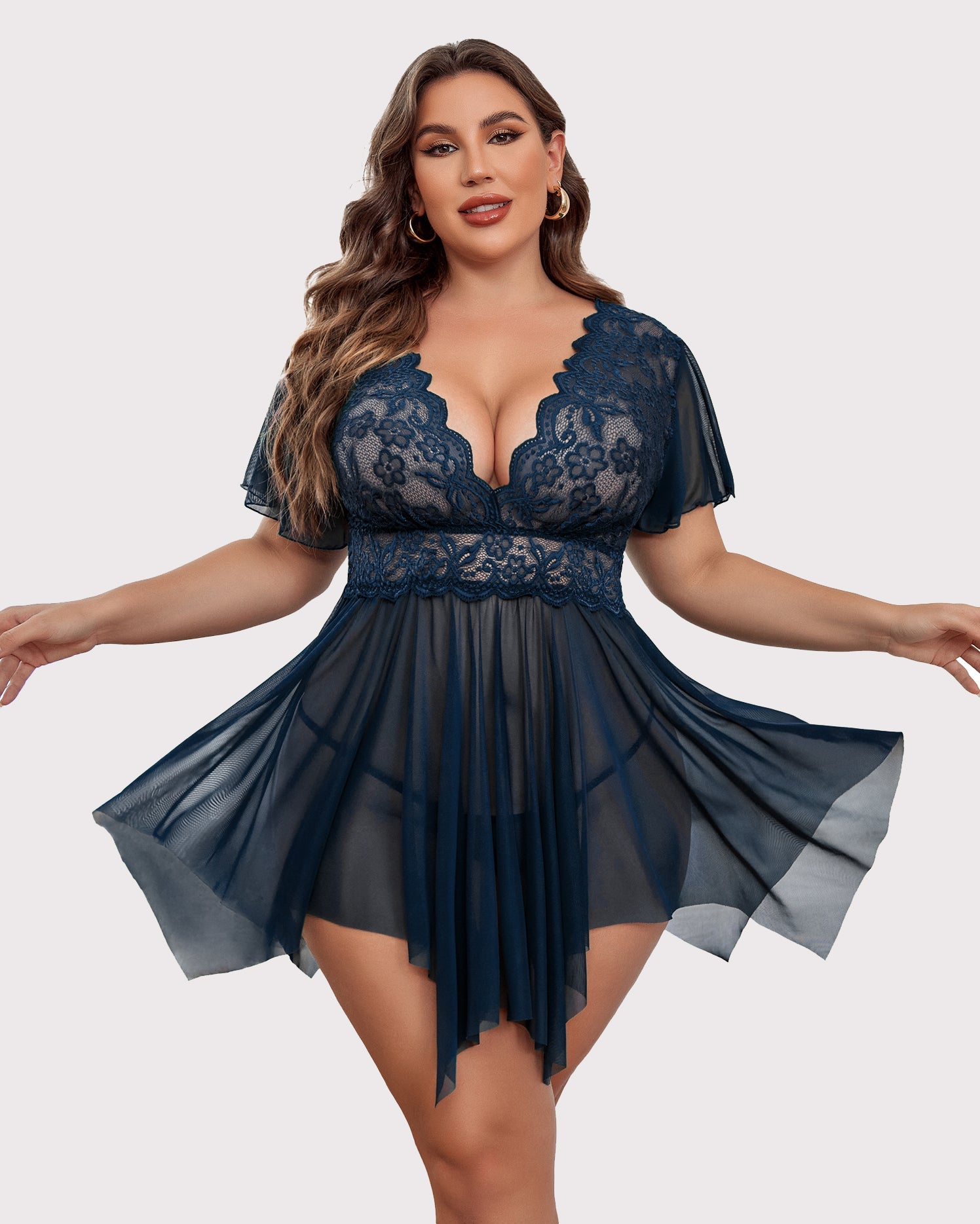 Blue floral lace babydoll lingerie with plunging neckline and layered chiffon skirt