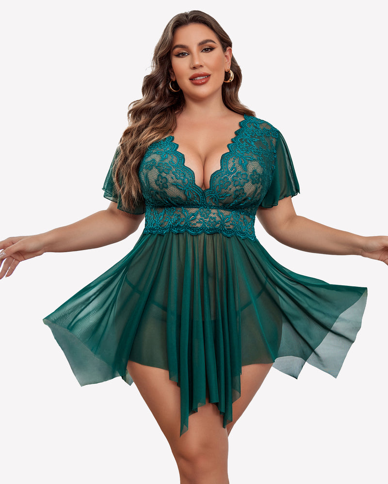 Teal green lace babydoll lingerie with plunging neckline and flutter sleeves