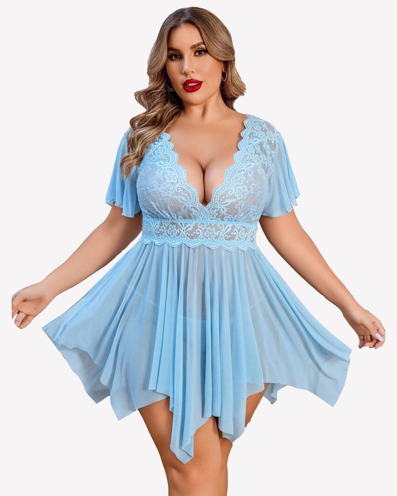 Light blue lace babydoll lingerie with plunging neckline and tiered sheer skirt