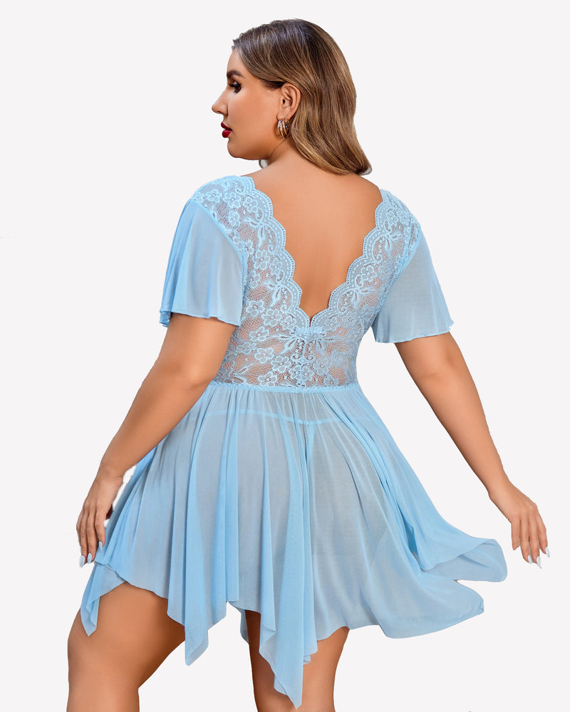 Light blue plus size babydoll lingerie with lace back panel and scalloped V neckline