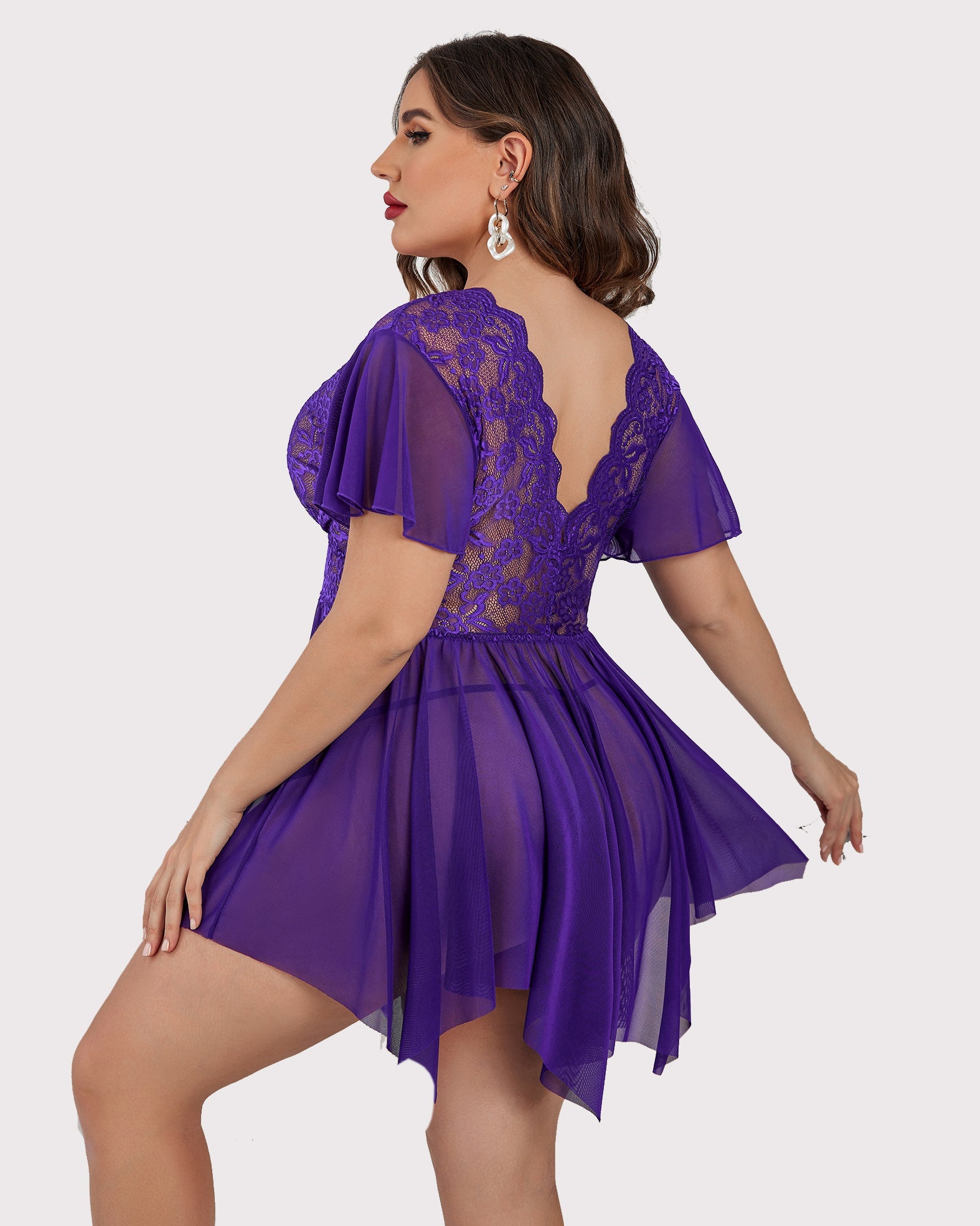 Purple babydoll lingerie with open lace back and flutter sleeves