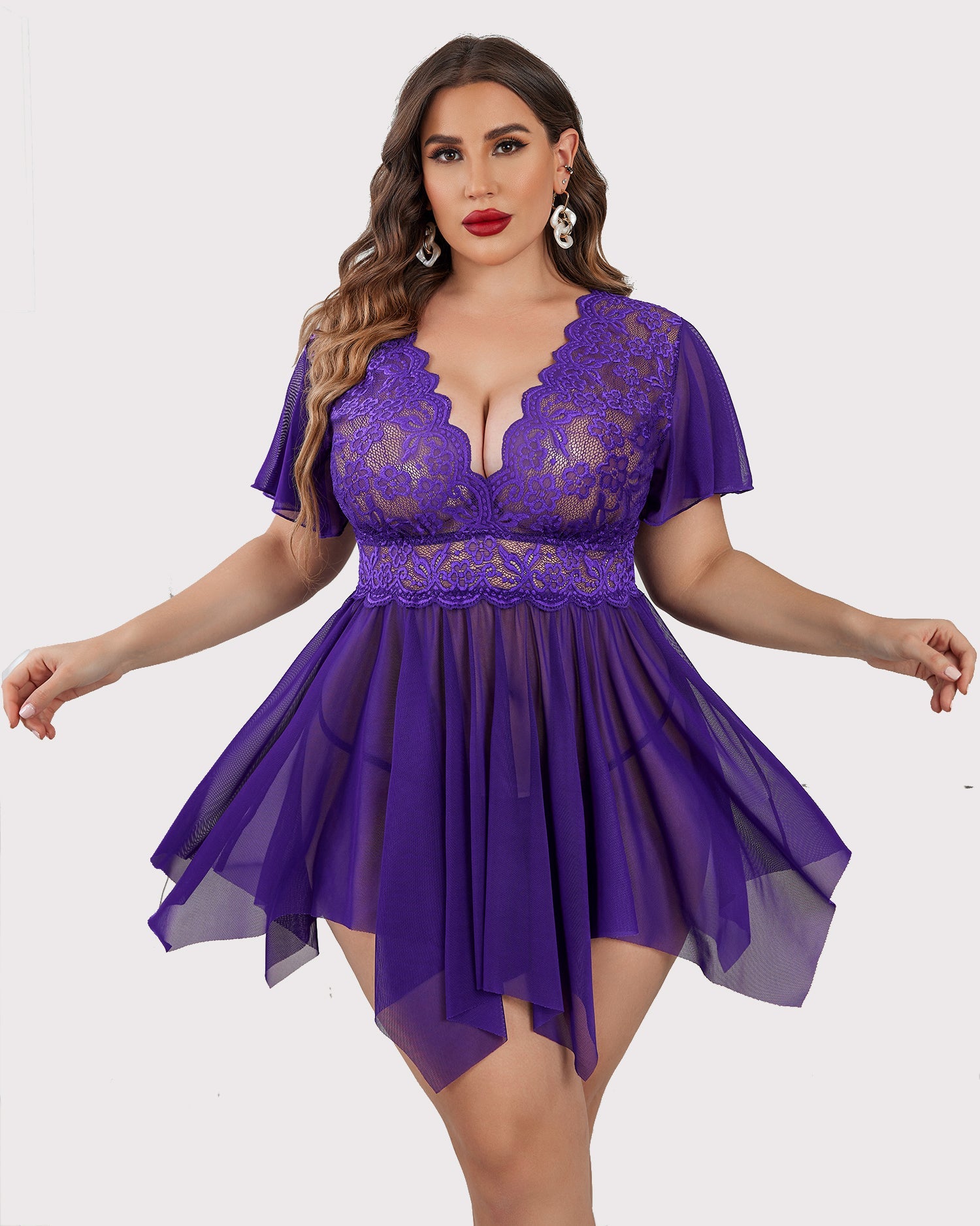Purple lace babydoll lingerie with V-neck bodice and pleated sheer skirt