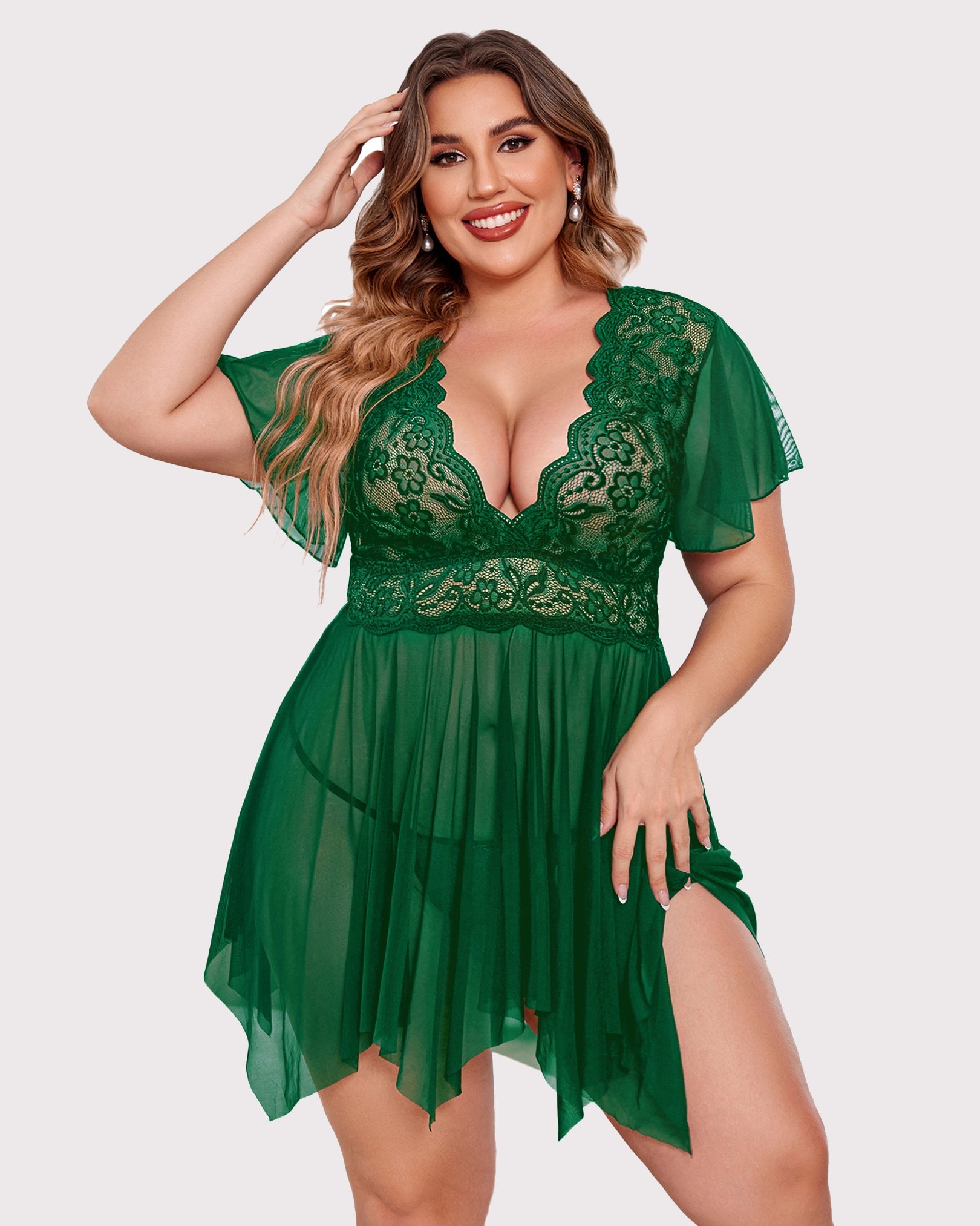 Green lace babydoll lingerie with V-neck bodice and flutter sleeves