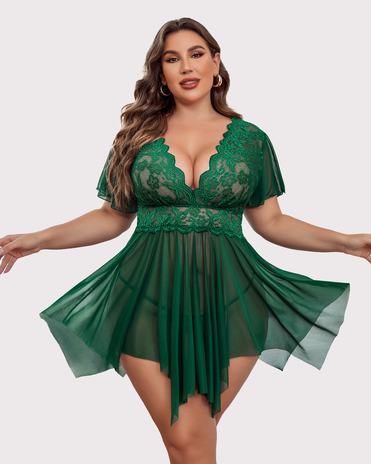 Green lace babydoll lingerie with V-neck and flared pleated skirt