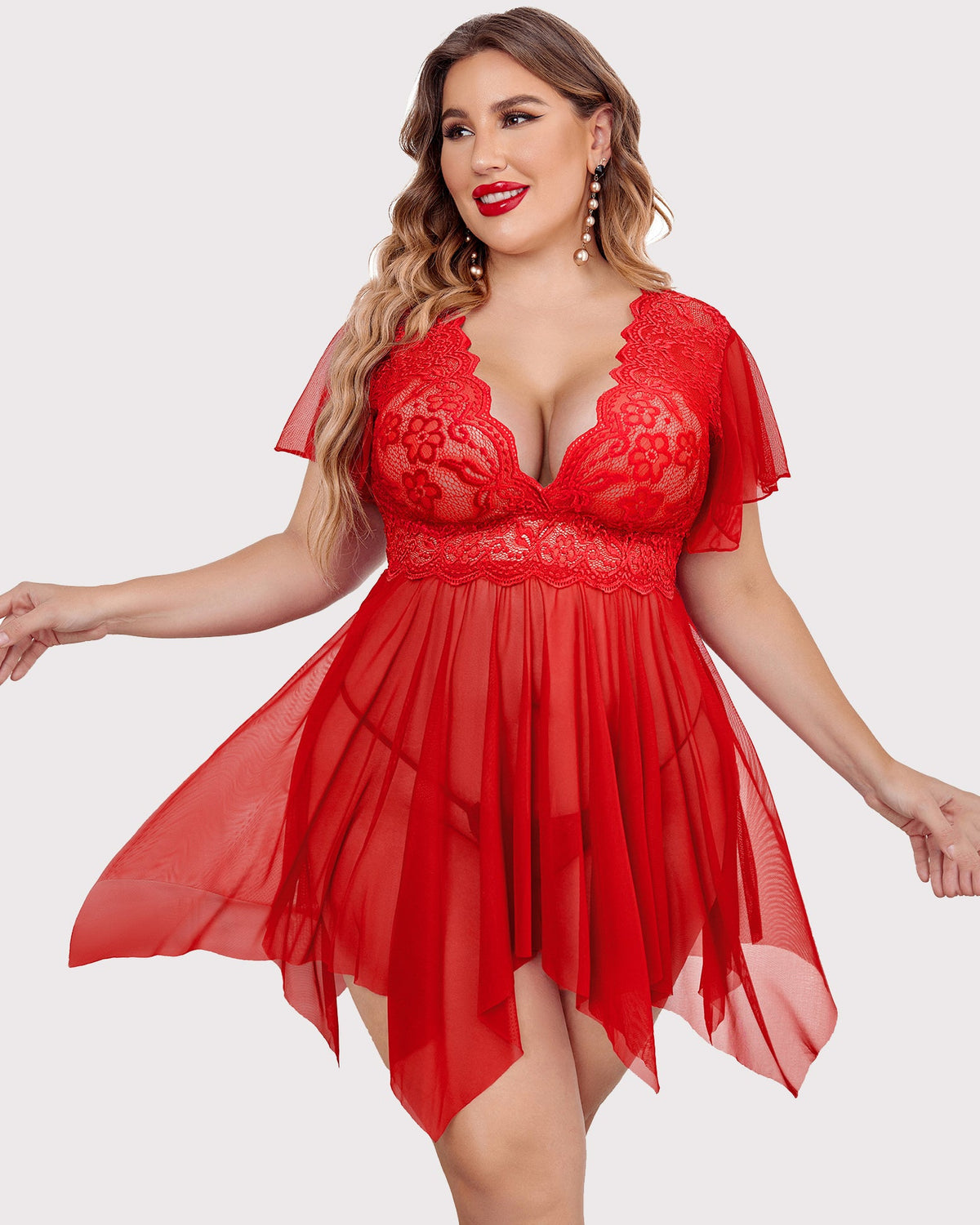 Red lace babydoll lingerie with plunging neckline and flutter sleeves, tiered sheer hem