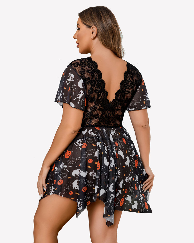 Black plus size babydoll lingerie with lace back yoke and Halloween print skirt