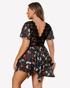 Black plus size babydoll lingerie with lace back yoke and Halloween print skirt