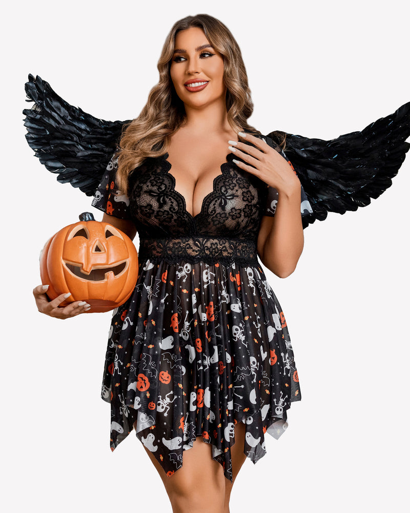 Black lace babydoll lingerie with Halloween print skirt, holding a jack-o'-lantern