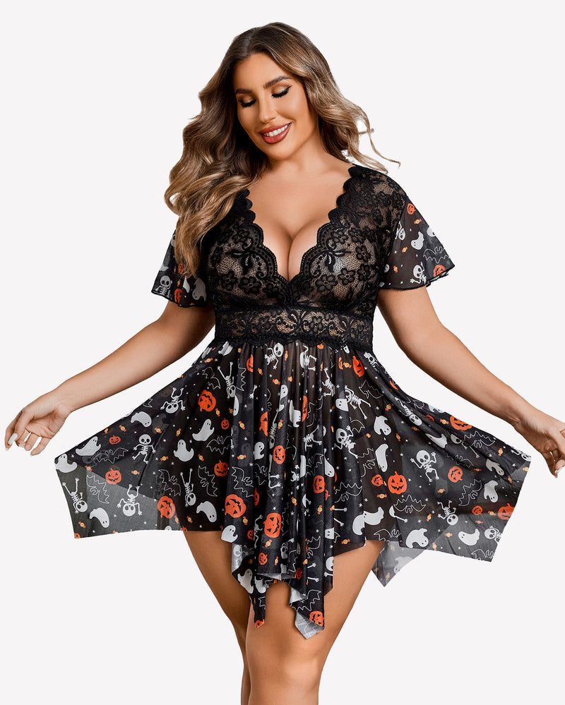 Black lace babydoll lingerie with plunging lace neckline and Halloween print skirt