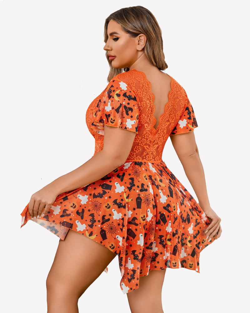 Orange plus size babydoll lingerie with lace back panel and Halloween pattern skirt