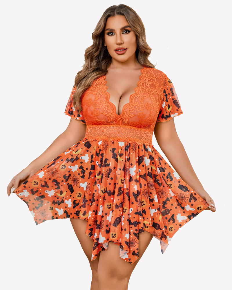 Orange lace babydoll lingerie with plunging lace neckline and Halloween print skirt