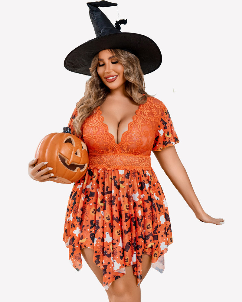 Orange plus size babydoll lingerie with lace bodice and Halloween pattern, with witch hat