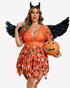 Orange lace babydoll lingerie with plunging neckline and Halloween print, holding jack-o'-lantern