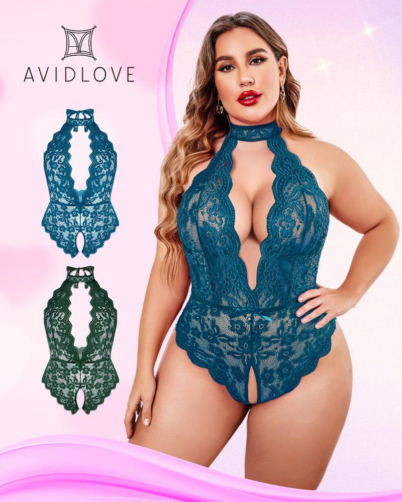 Plus size lace halter teddy, blue-green lace with halter neckline and cutout front