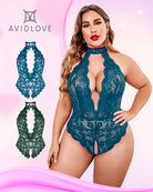Plus size lace halter teddy, blue-green lace with halter neckline and cutout front