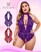 Plus size lace halter teddy, purple lace halter with deep V keyhole front