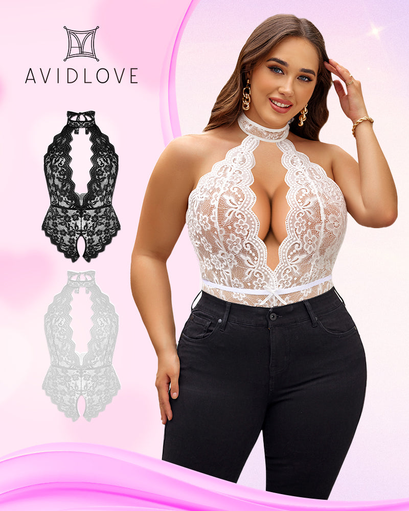 Plus size lace halter teddy, white lace with high halter neckline and keyhole front