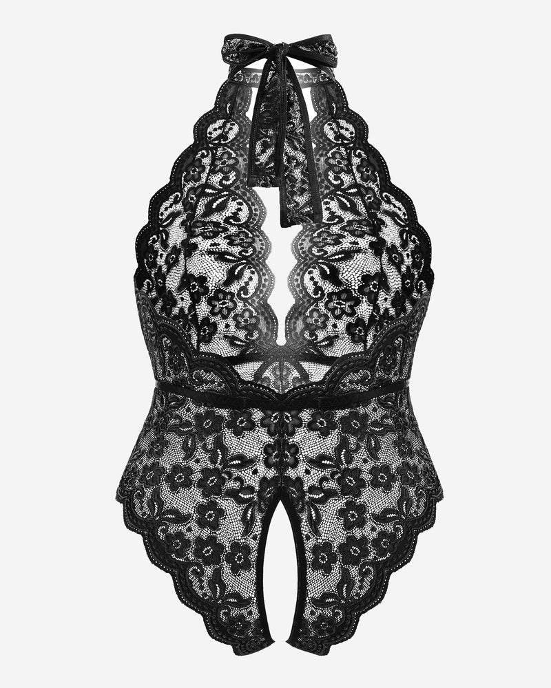 Plus size lace halter teddy in black and white with floral lace and halter tie