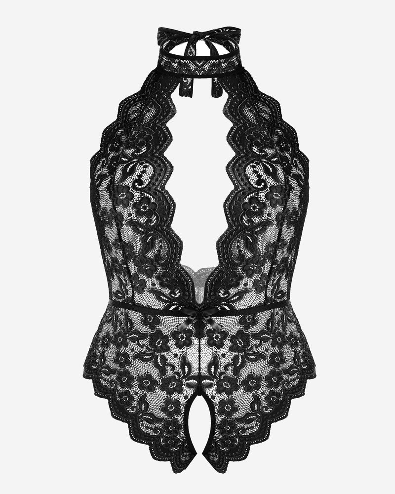 Plus size lace halter teddy in black with floral lace, halter tie, and cutout front