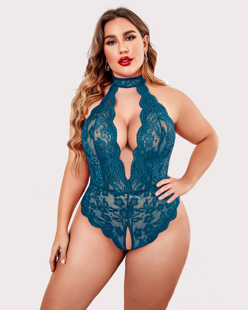 Plus size lace halter teddy, blue-green lace with deep V keyhole and scalloped leg trim