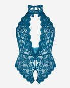 Plus size lace halter teddy, blue-green lace back with halter bow and scalloped trim