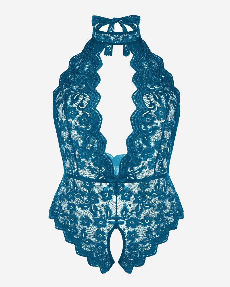Plus size lace halter teddy, blue-green lace back with halter bow and scalloped trim