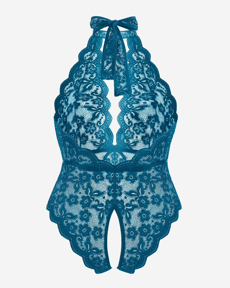 Plus size lace halter teddy, blue-green lace back with bow and open keyhole