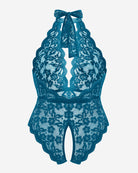 Plus size lace halter teddy, blue-green lace back with bow and open keyhole