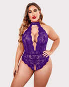 Plus size lace halter teddy in purple with deep V front and scalloped lace edges
