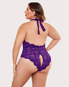 Plus size lace halter teddy in purple with halter neck and scalloped lace back
