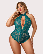 Plus size lace halter teddy in teal with open front cutout and scalloped lace trim