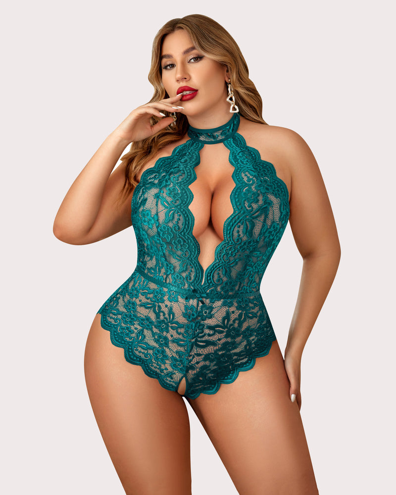 Lace halter teddy in peacock teal, high neck and scalloped lace plunge front