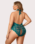 Plus size lace halter teddy in teal with open back lace and central cutout