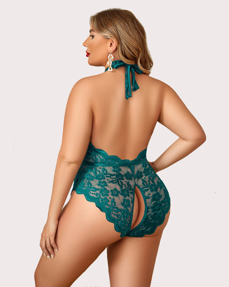 Plus size lace bodysuit in teal with tie-neck back and lace thong-style panel