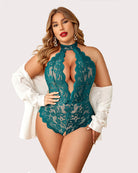 Plus size lace halter teddy in teal lace with halter neckline and thong-style bottom