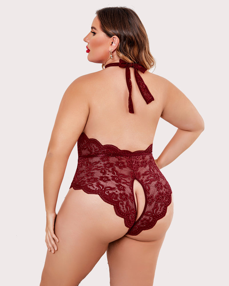 Back view lace halter teddy in wine red with lace back cutout and keyhole tie