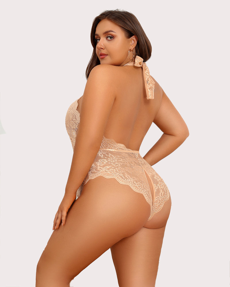 Plus size lace bodysuit in nude beige with open back and lace high-waist brief