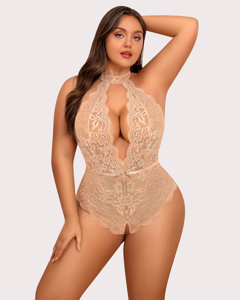 Lace halter teddy in nude beige with high neck, scalloped lace bodice and shorts
