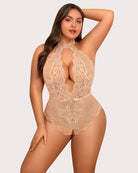 Plus size lace bodysuit in nude beige with high neck and plunging lace front