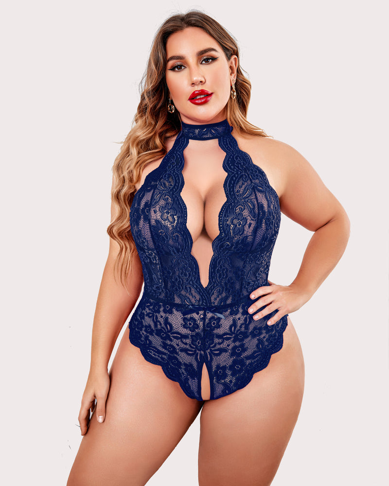 Lace halter teddy in royal blue with high neck, lace bodice, and scalloped legs