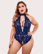 Lace halter teddy in royal blue with high neck, lace bodice, and scalloped legs