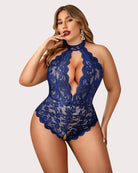 Lace halter teddy in royal blue, high neckline lace plunge and scalloped shorts hem