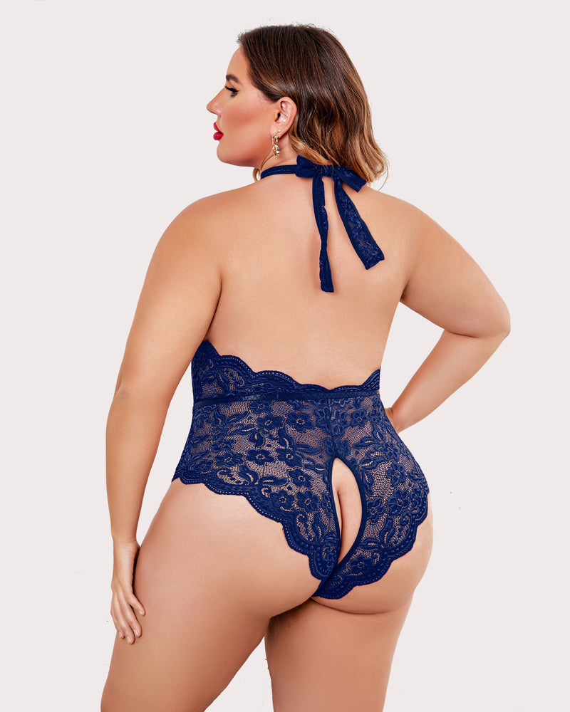 Back view lace halter teddy in royal blue with tied halter strap and lace cutout